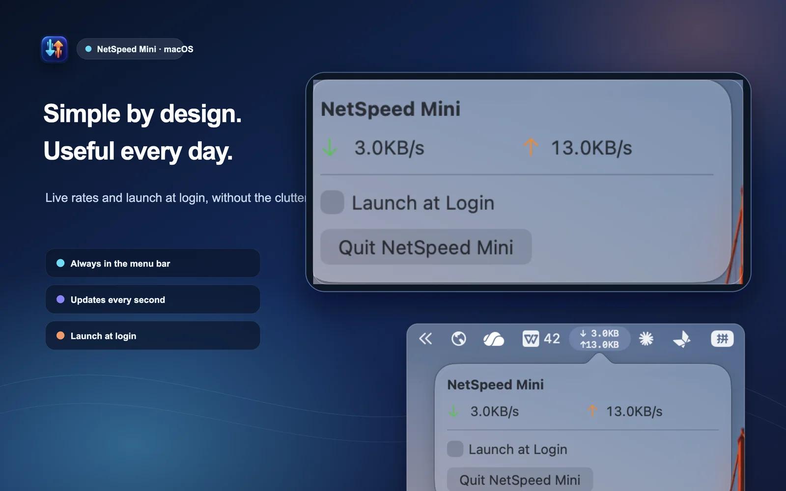 NetSpeed Mini compact popover with live rates and launch at login