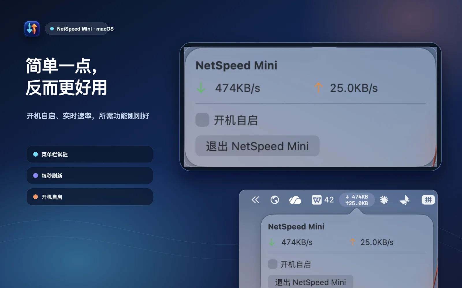 NetSpeed Mini 紧凑弹窗中的实时速率与开机自启选项